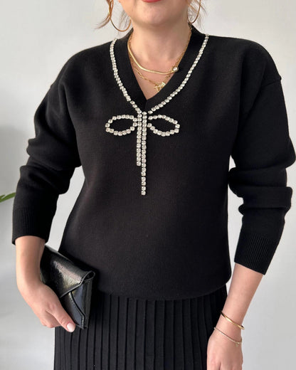 Luxury Knit Two-Piece Set: Embellished V-Neck Sweater & Pleated Midi Skirt