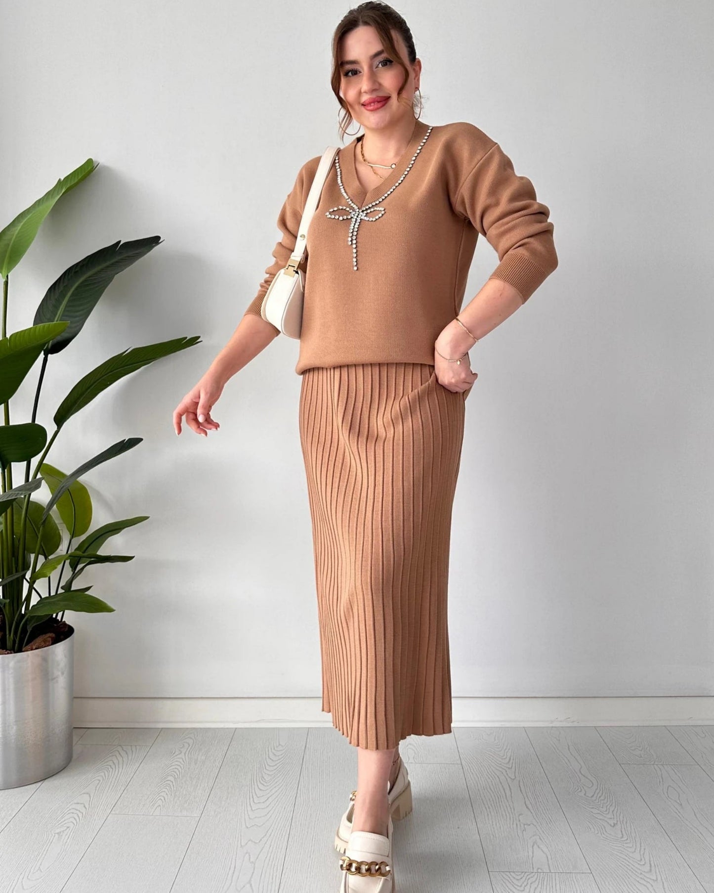 Luxury Knit Two-Piece Set: Embellished V-Neck Sweater & Pleated Midi Skirt