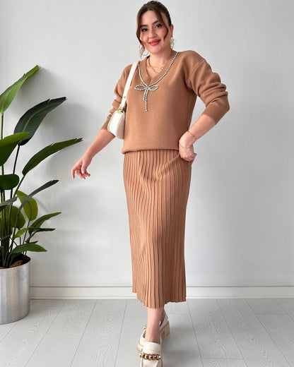 Luxury Knit Two-Piece Set: Embellished V-Neck Sweater & Pleated Midi Skirt