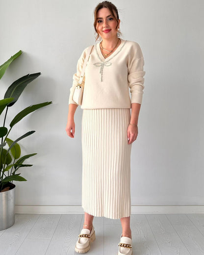 Luxury Knit Two-Piece Set: Embellished V-Neck Sweater & Pleated Midi Skirt