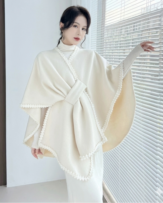 Luxury Knot-Front Cape Poncho with Scalloped Edge Trim