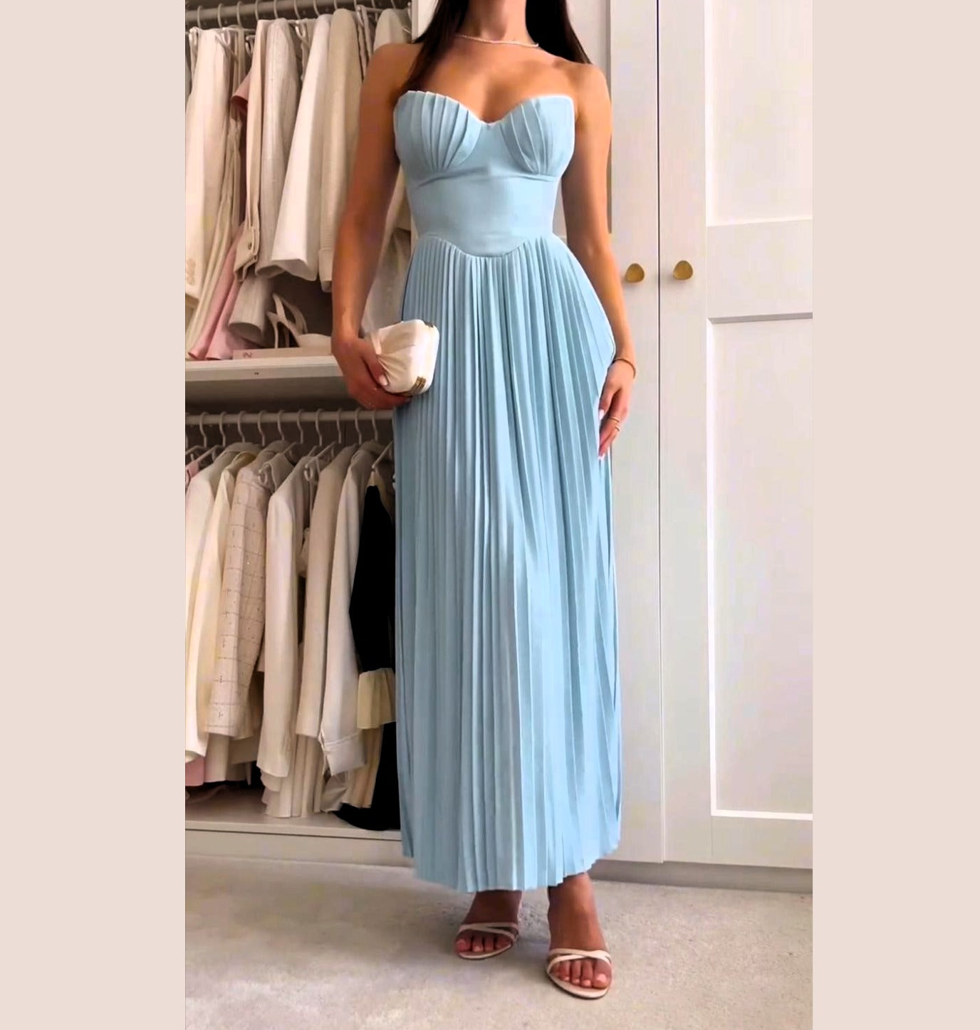 Macreal Elegant Pleated Strapless Maxi Dress
