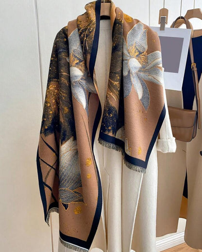 Midnight Amber Botanical Shawl with Gold Leaf Accents