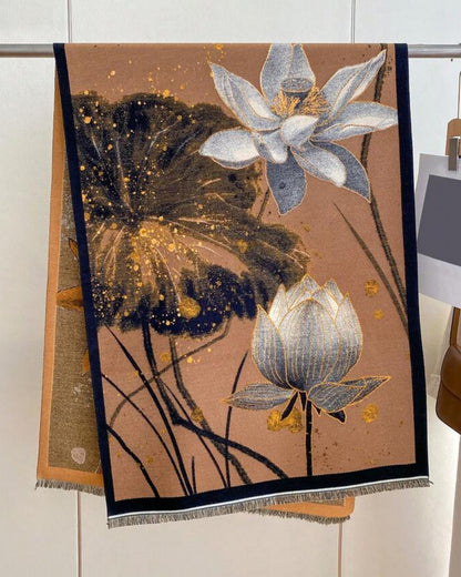 Midnight Amber Botanical Shawl with Gold Leaf Accents