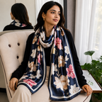 Woman sitting on a couch wearing a floral scarf with a neutral background
