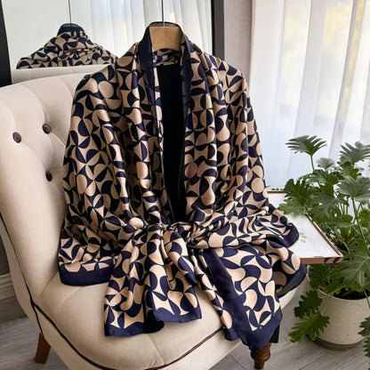 Navy and beige geometric printed silk stole for women