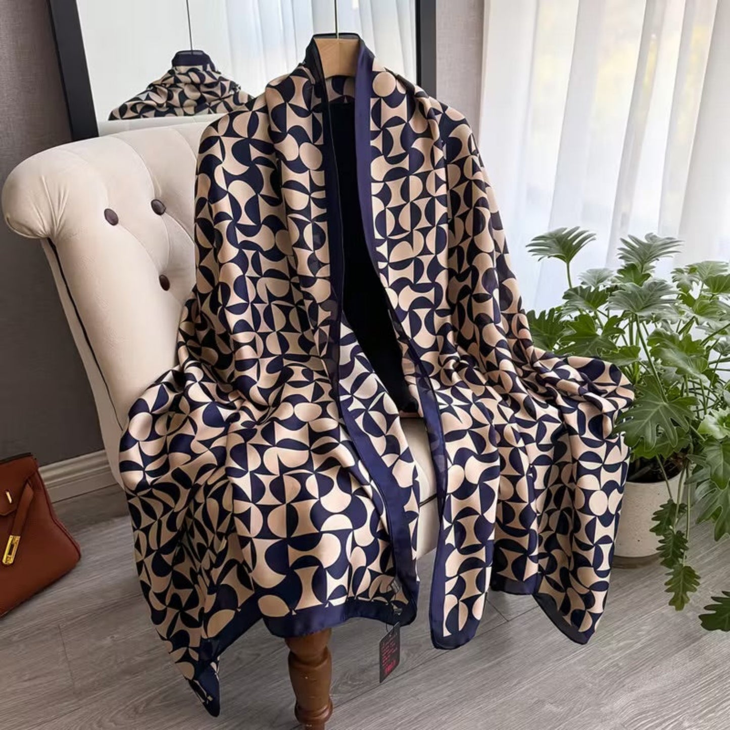 Luxury satin silk stole with modern geometric design