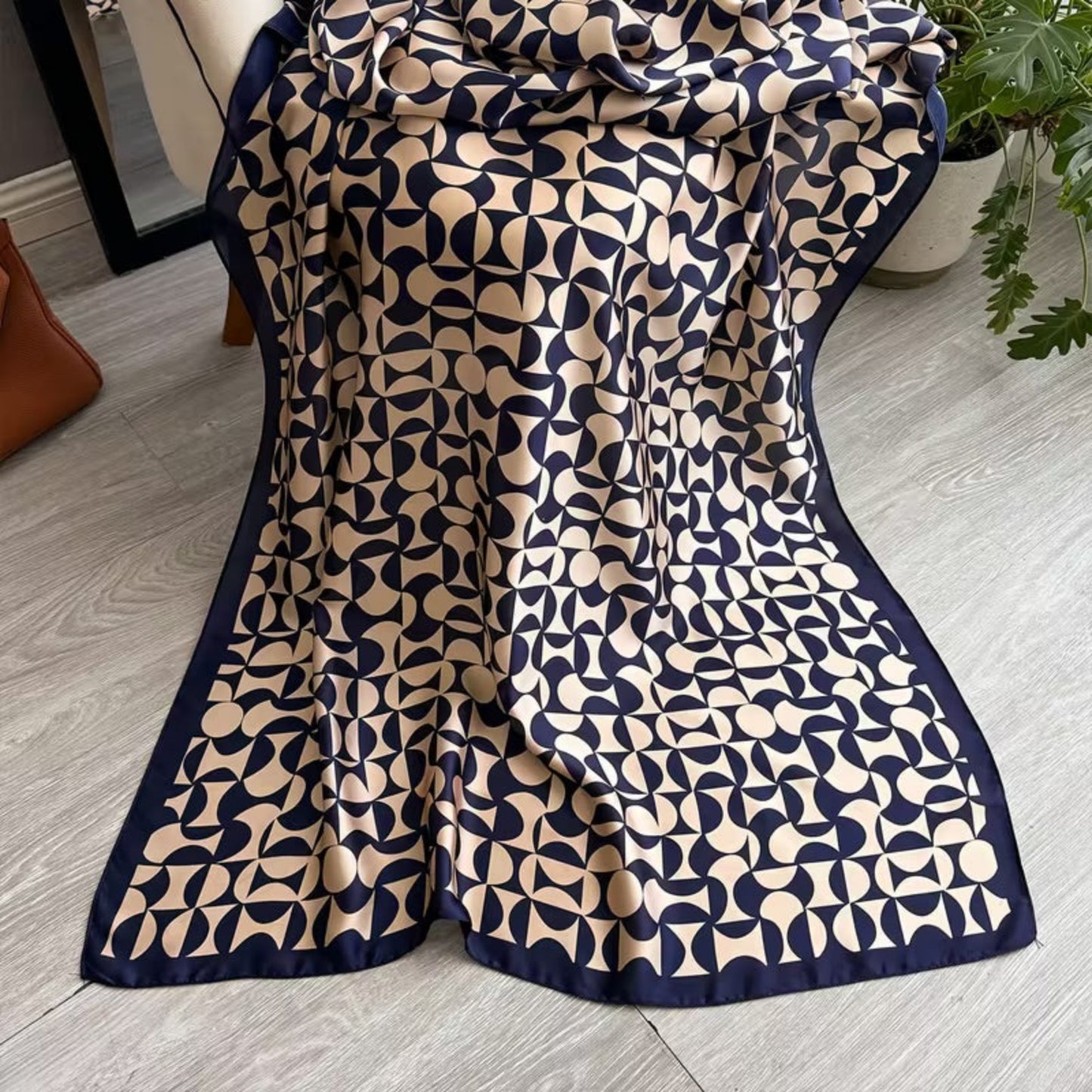Navy printed silk stole styled on chair