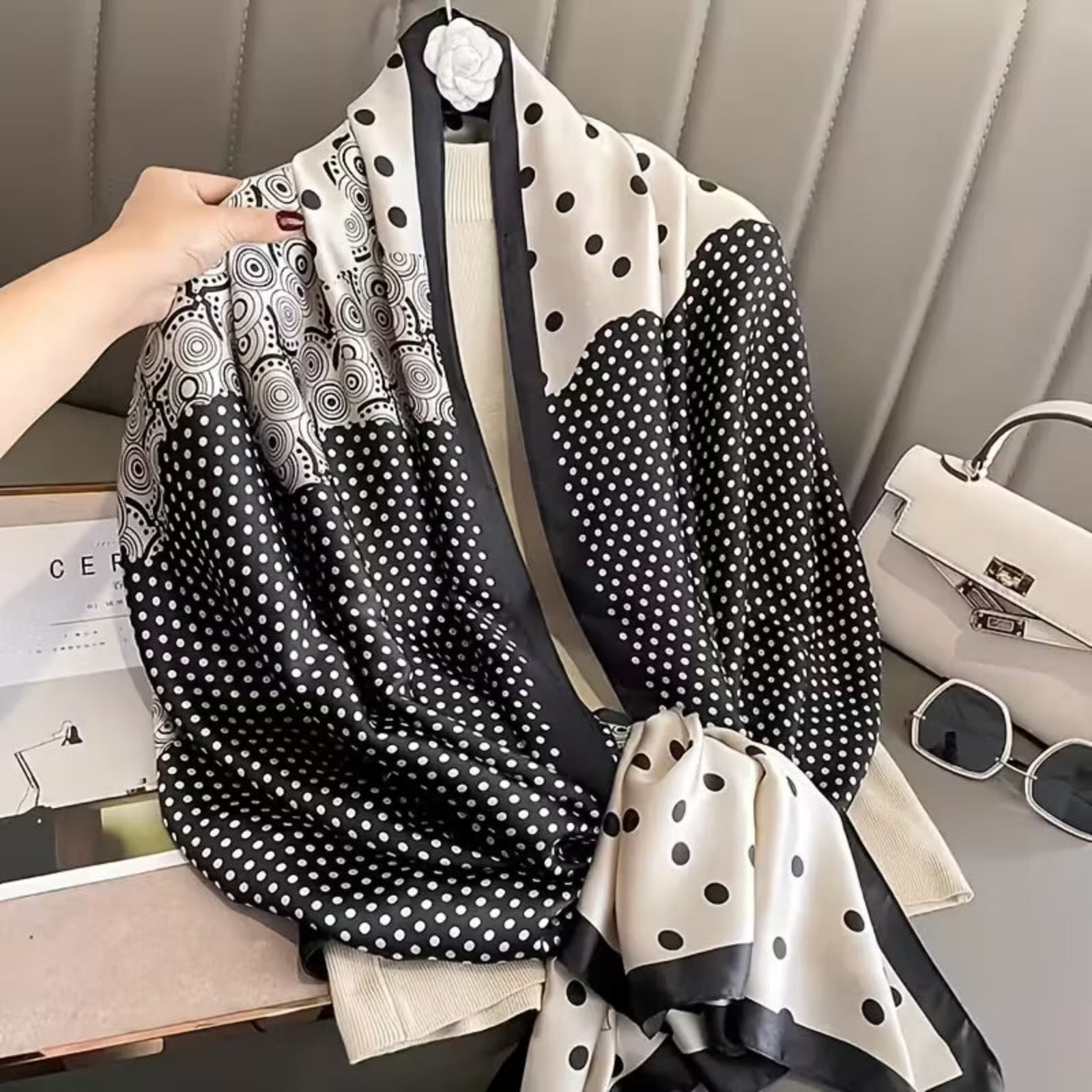 Satin silk polka dot stole with black border