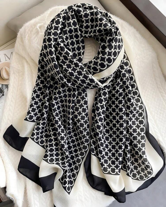 Monochrome chain print cotton stole with black and white border made from soft viscose fabric
