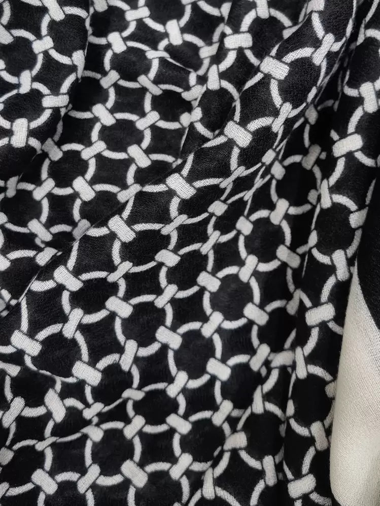Close-up of black fabric with a white geometric pattern