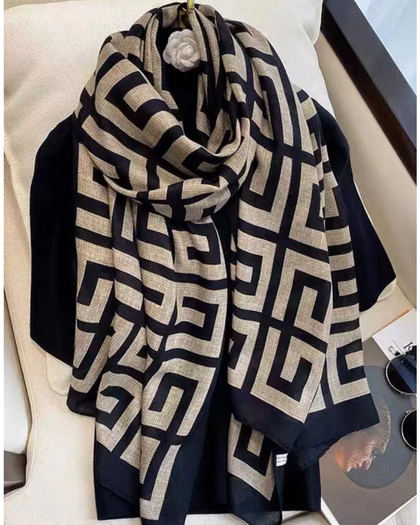 Monochrome maze geometric cotton black beige stole for women