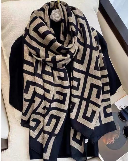 Monochrome maze geometric cotton black beige stole for women