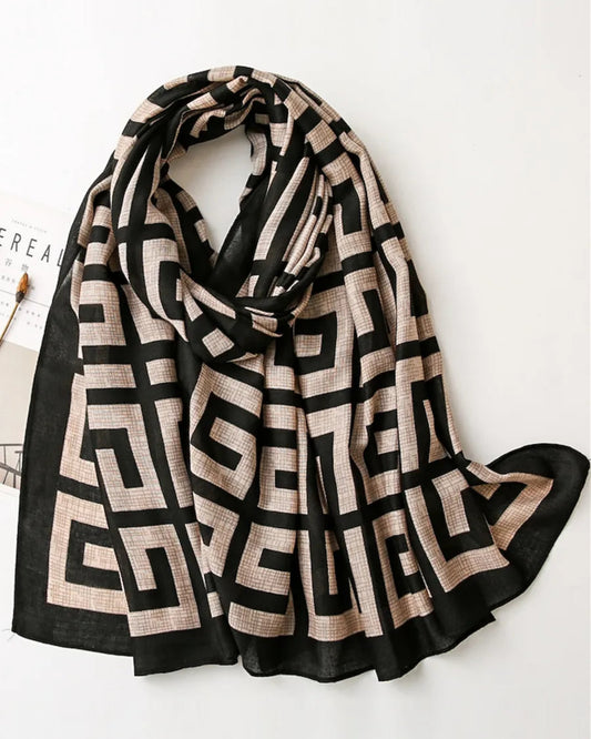 Monochrome maze geometric cotton black beige stole for women
