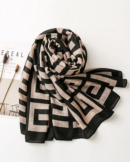 Monochrome maze geometric cotton black beige stole for women

