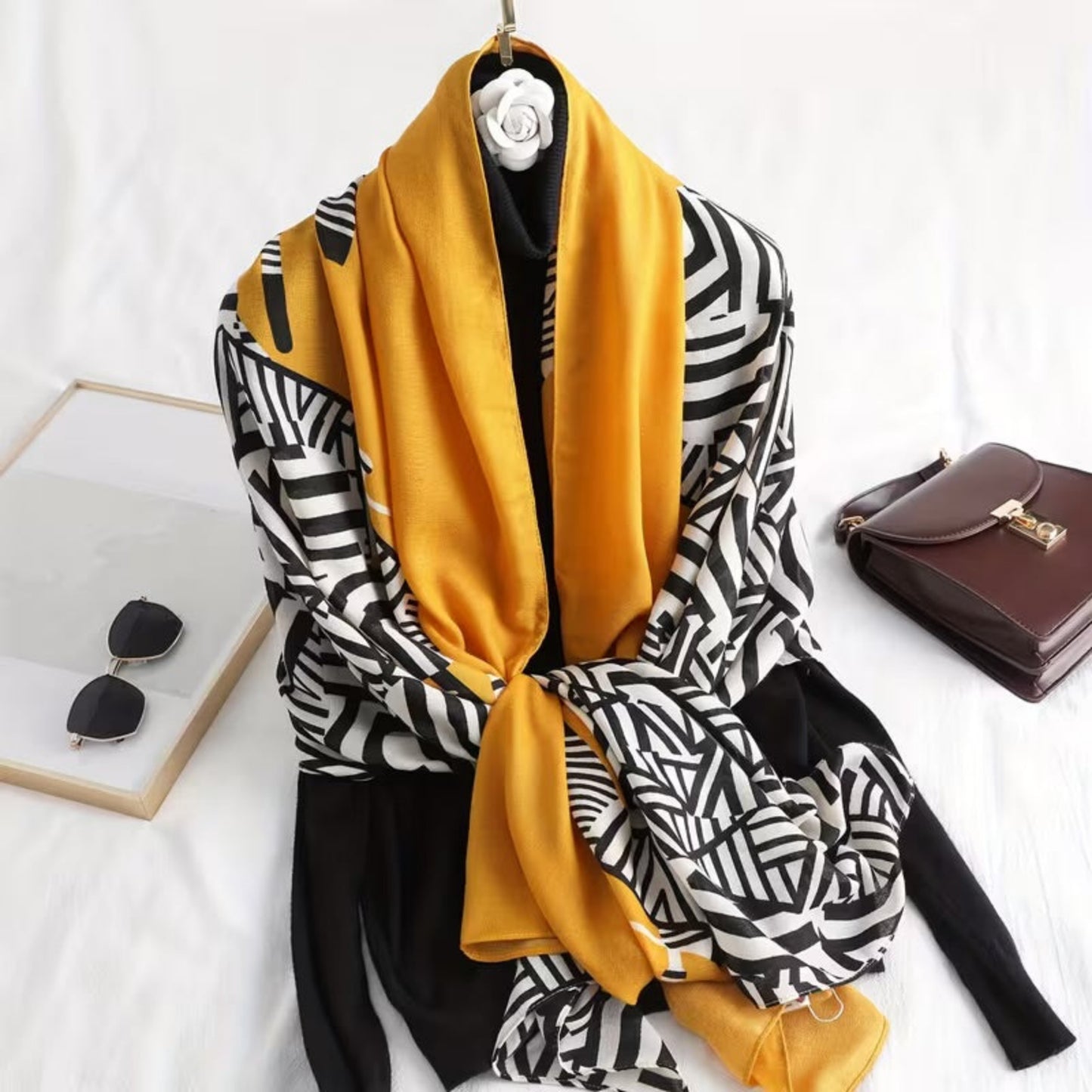 Mustard and black geometric print cotton stole in viscose cotton fabric