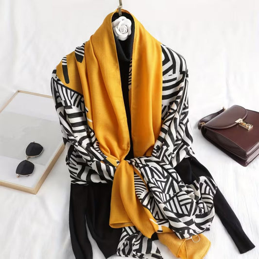Mustard and black geometric print cotton stole in viscose cotton fabric