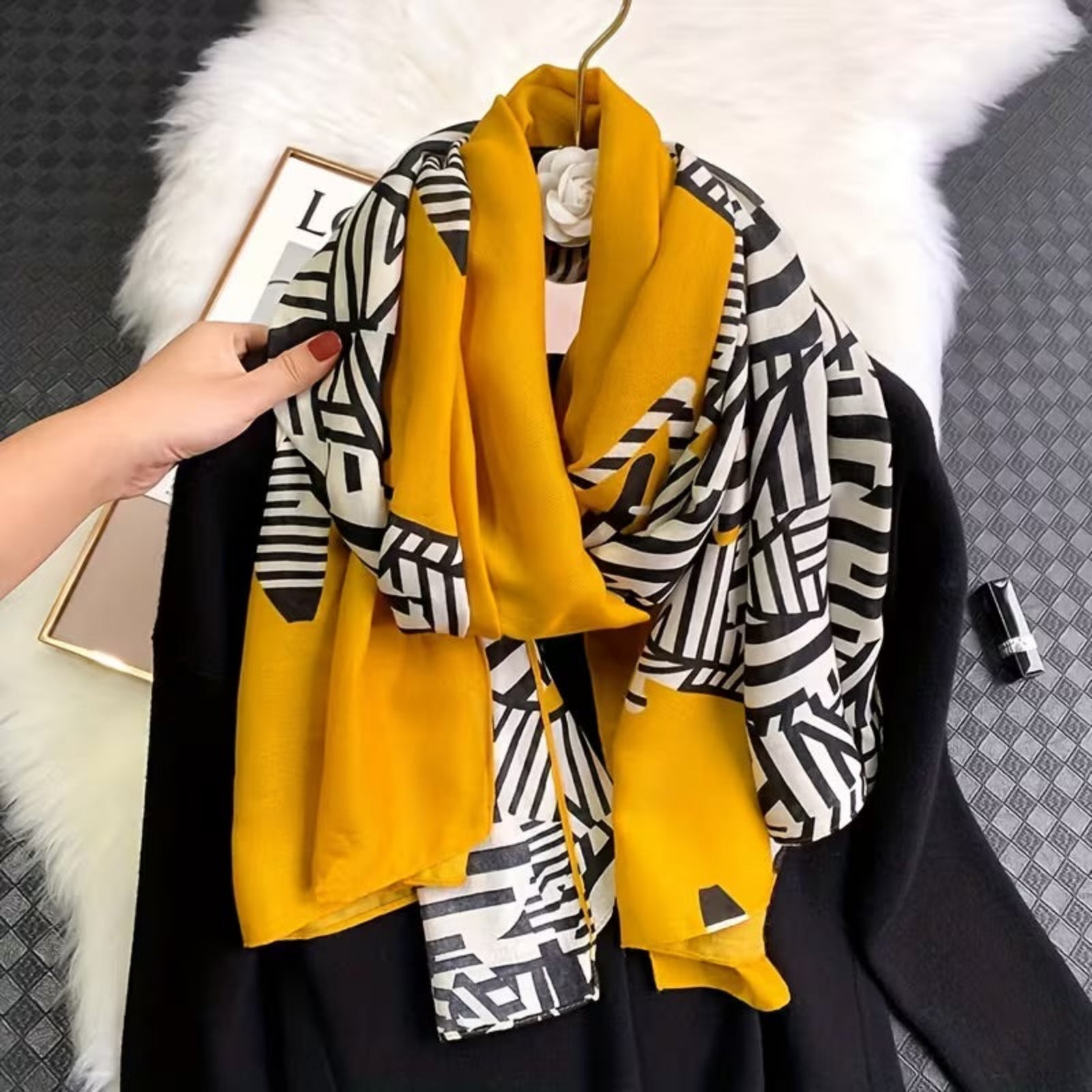 Mustard black geometric print cotton stole for everyday wear