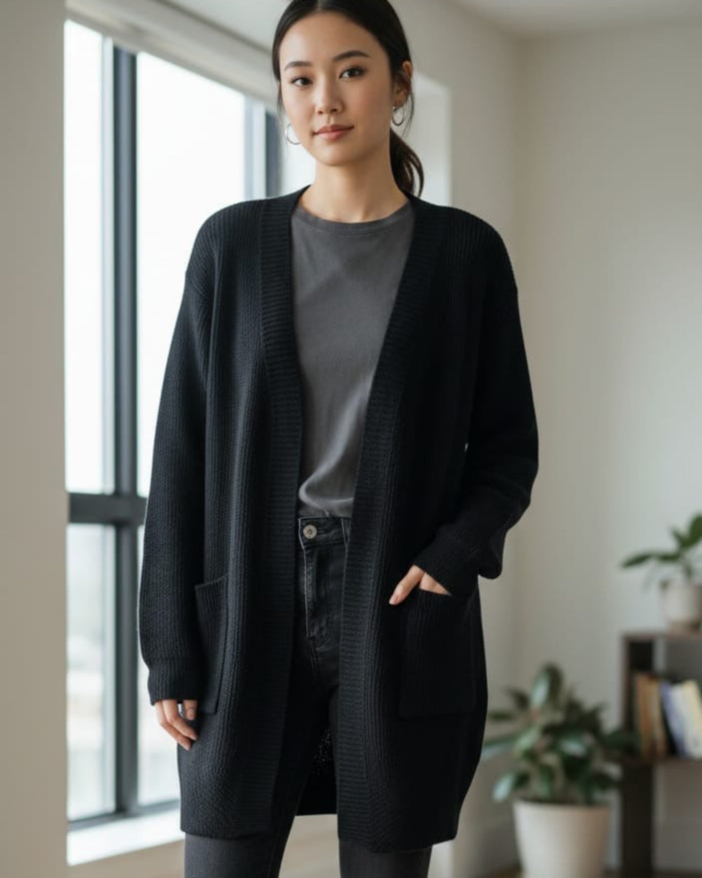 Oversized Ribbed Knit Open-Front Cardigan Sweater