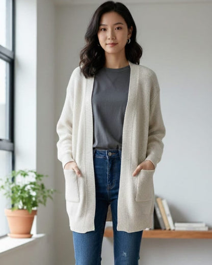 Oversized Ribbed Knit Open-Front Cardigan Sweater