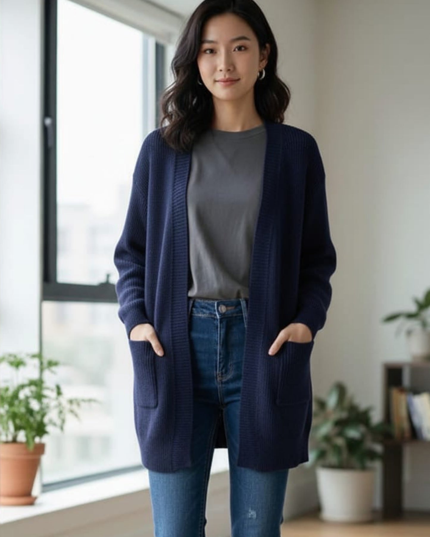 Oversized Ribbed Knit Open-Front Cardigan Sweater