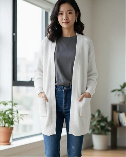 Oversized Ribbed Knit Open-Front Cardigan Sweater
