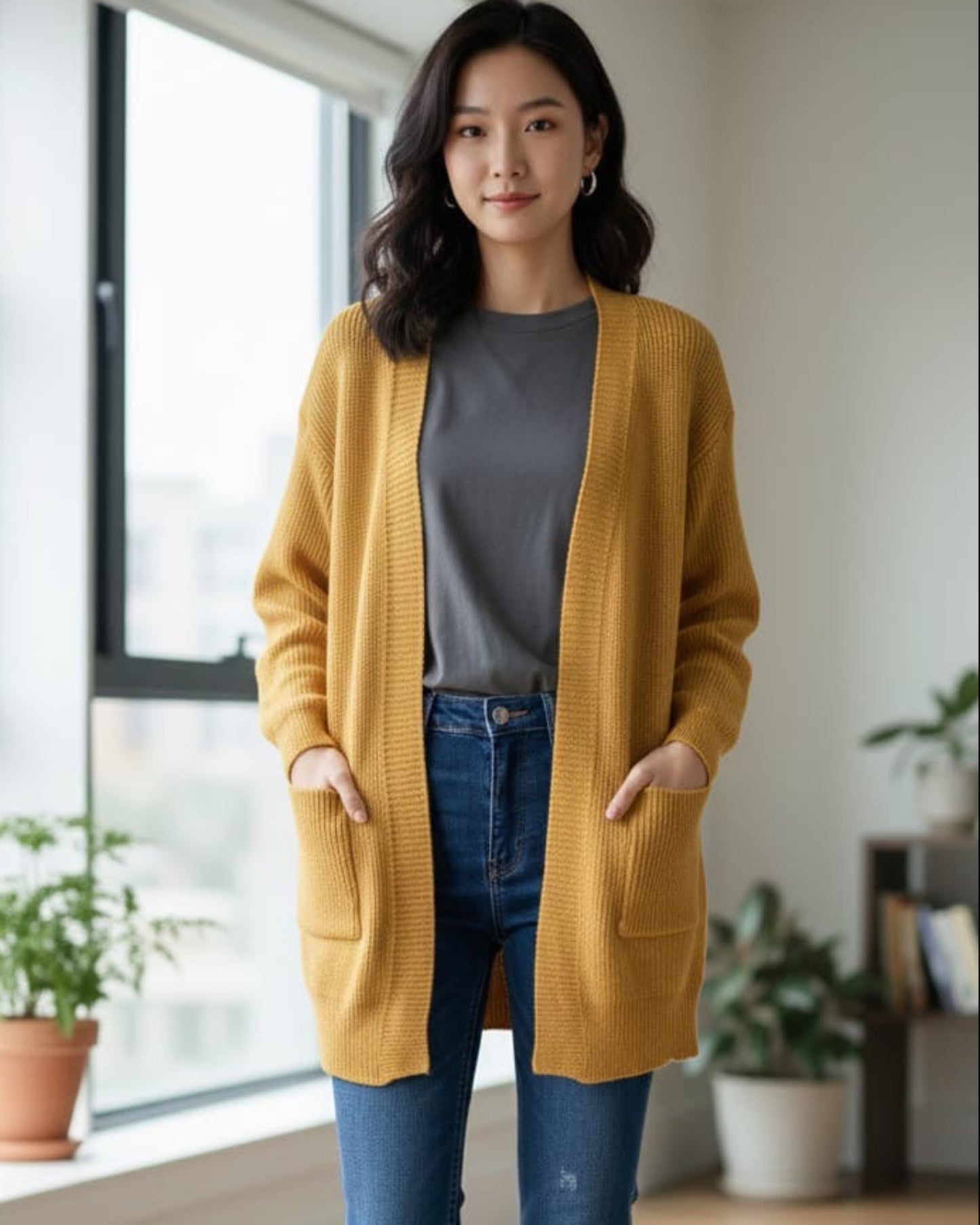 Oversized Ribbed Knit Open-Front Cardigan Sweater