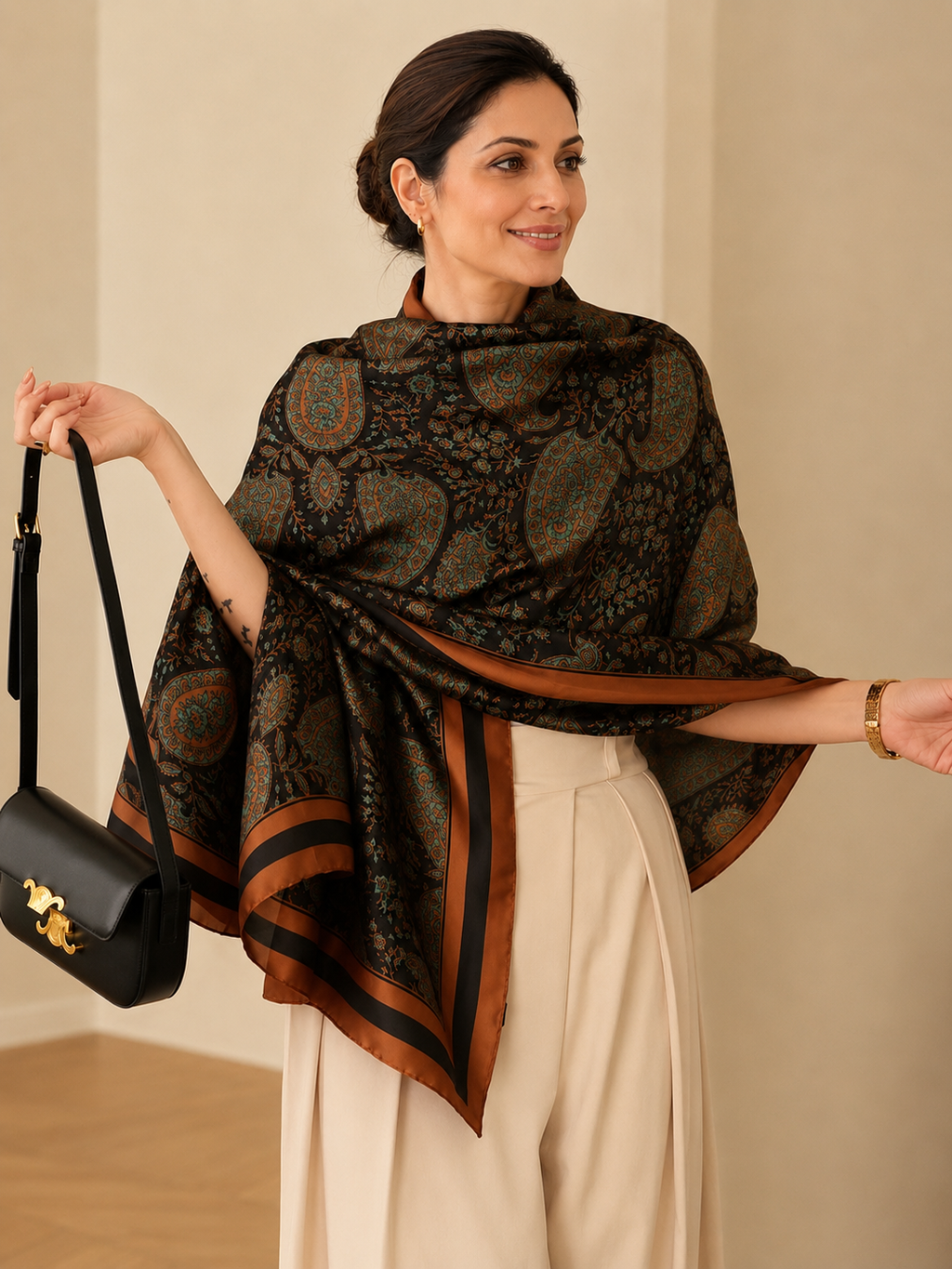 Elegant woman styling the Paisley Print Silk Scarf draped around her shoulders, featuring intricate teal and copper paisley motifs on a rich black base with satin striped borders.