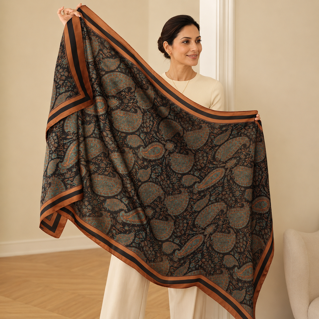 Model holding the Paisley Print Silk Scarf fully open to reveal the intricate all-over paisley design in teal and copper tones on a black background with satin borders.
