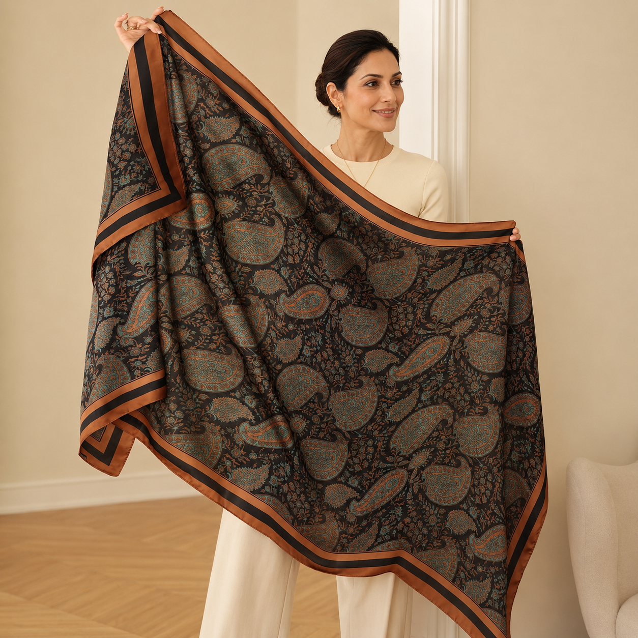 Model holding the Paisley Print Silk Scarf fully open to reveal the intricate all-over paisley design in teal and copper tones on a black background with satin borders.