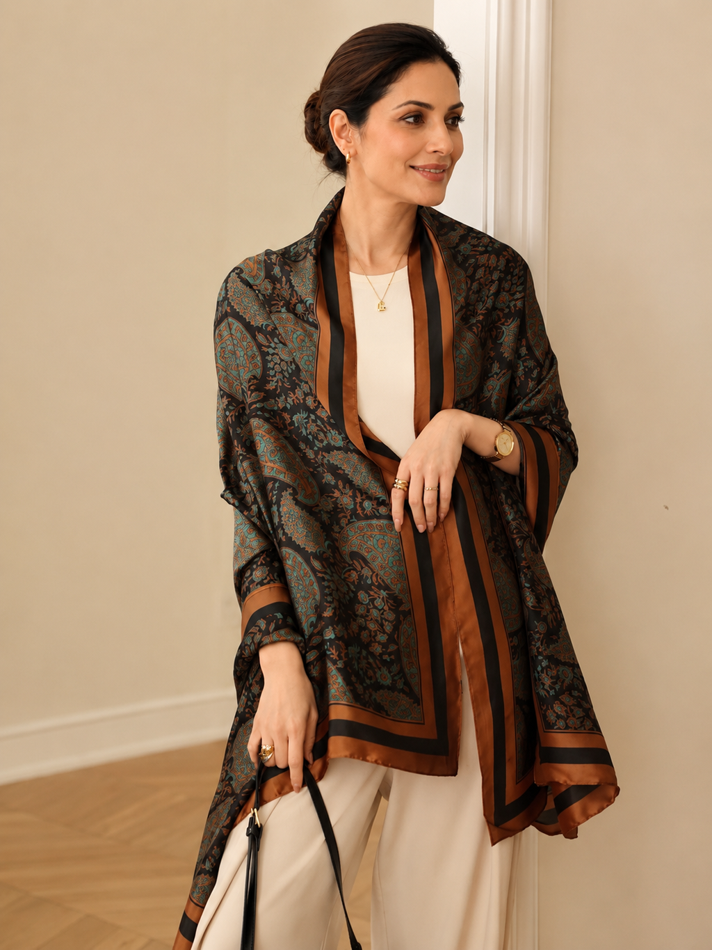 Woman wearing the  Paisley Print  Silk Scarf as an open-front wrap, showcasing the detailed paisley print and luxurious copper satin border for sophisticated everyday styling.