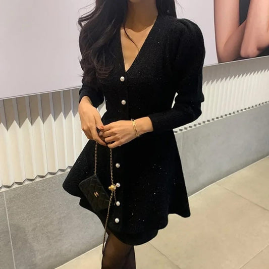 Parisienne Ribbed Knit Flare Dress with Pearl Accents