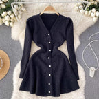 Parisienne Ribbed Knit Flare Dress with Pearl Accents