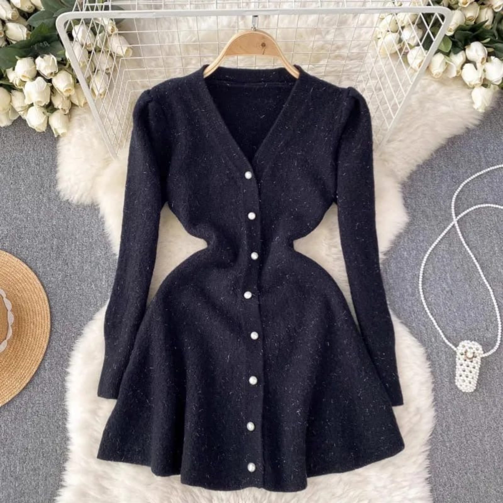Parisienne Ribbed Knit Flare Dress with Pearl Accents