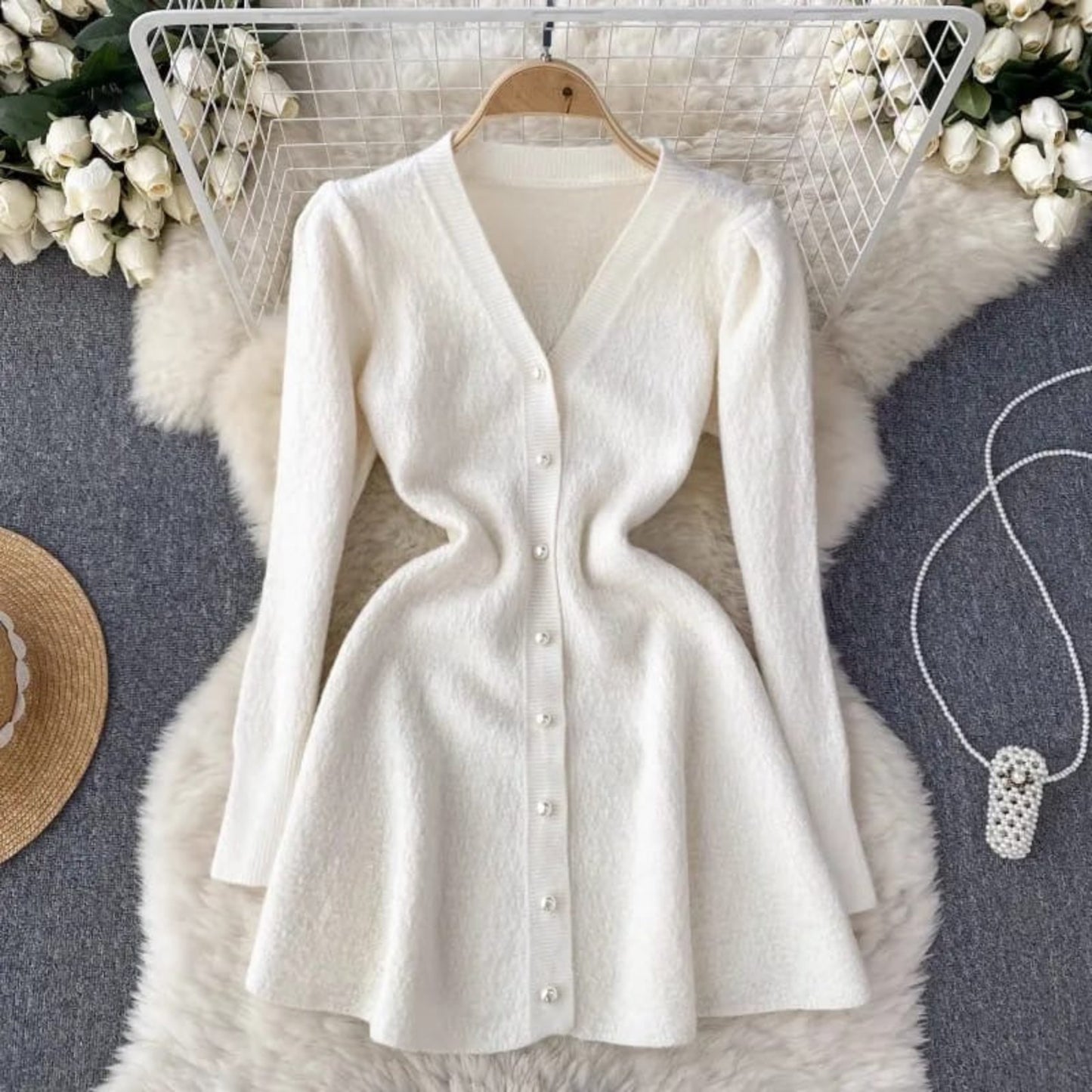 Parisienne Ribbed Knit Flare Dress with Pearl Accents