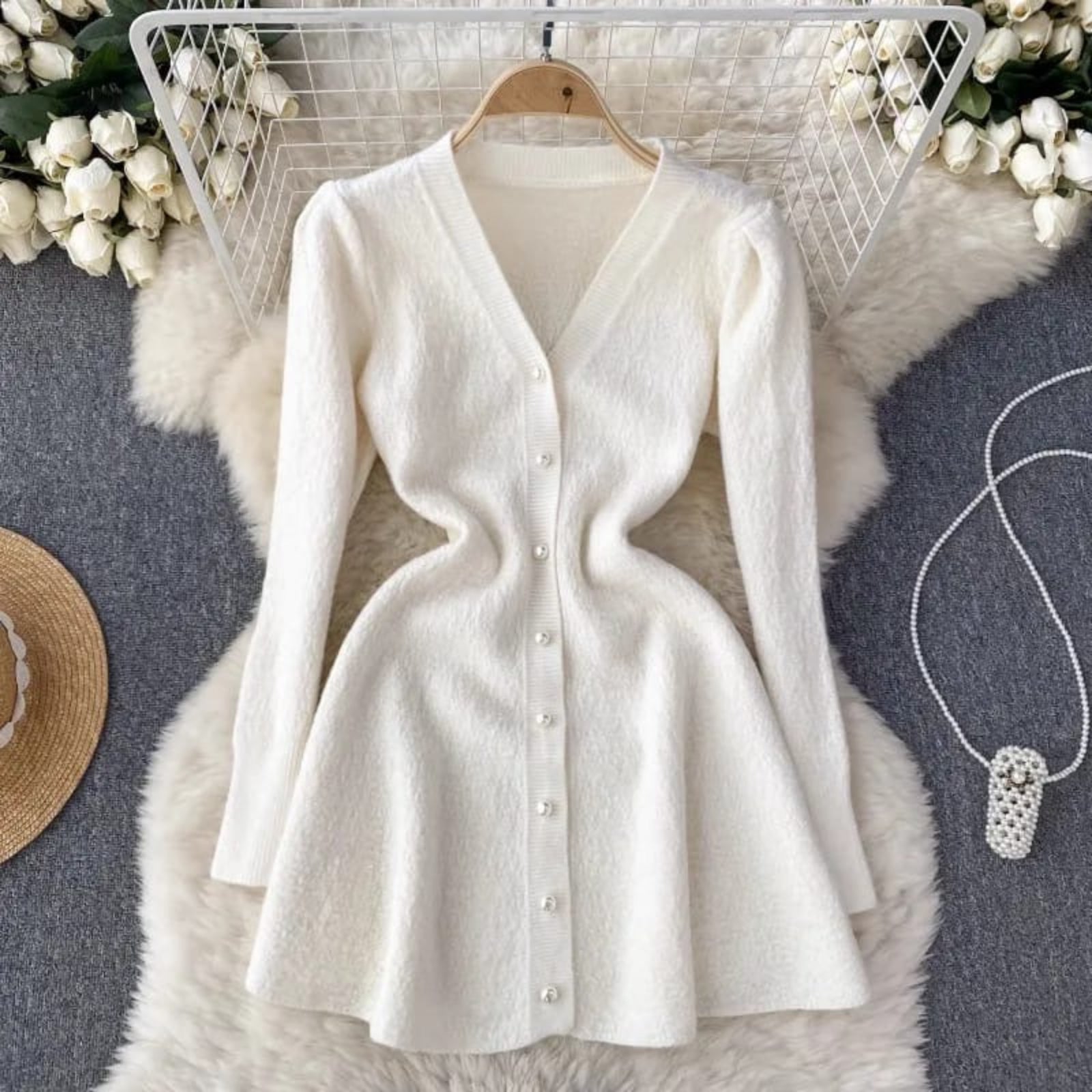 Parisienne Ribbed Knit Flare Dress with Pearl Accents