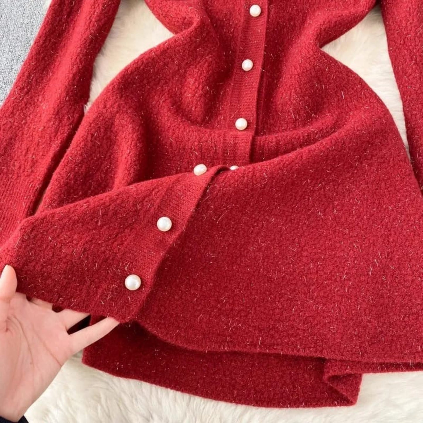 Parisienne Ribbed Knit Flare Dress with Pearl Accents