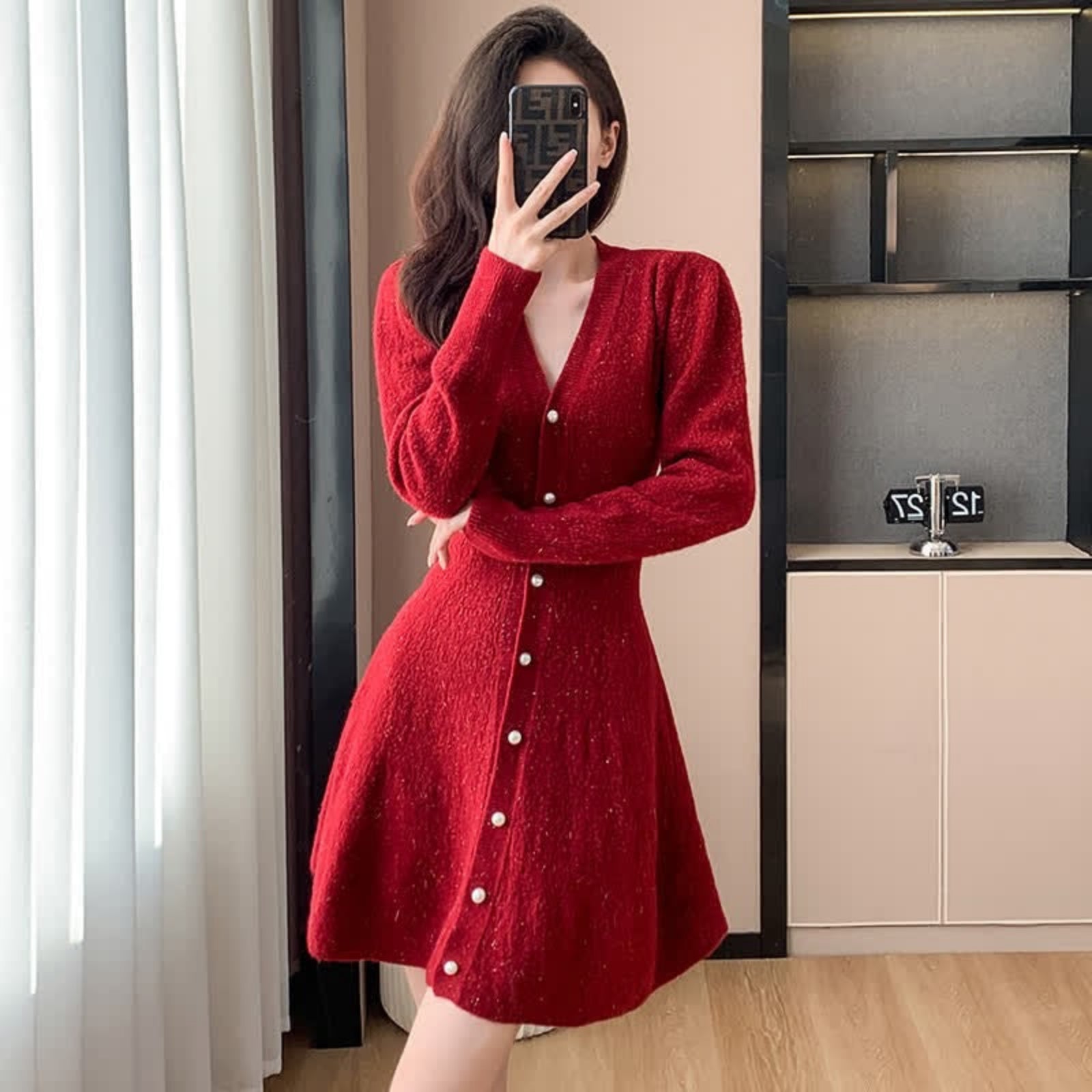 Parisienne Ribbed Knit Flare Dress with Pearl Accents