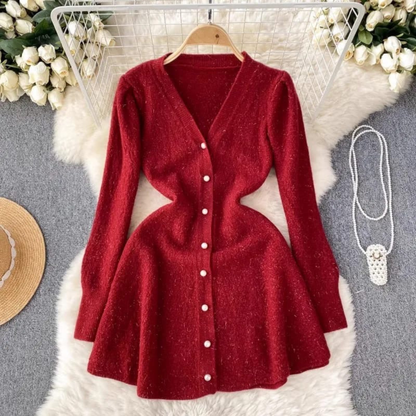 Parisienne Ribbed Knit Flare Dress with Pearl Accents