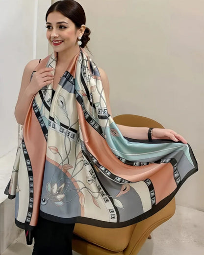 Peach and ivory abstract print satin silk stole