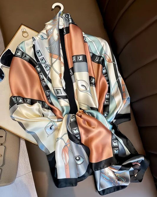 Satin silk stole with peach grey and black border design