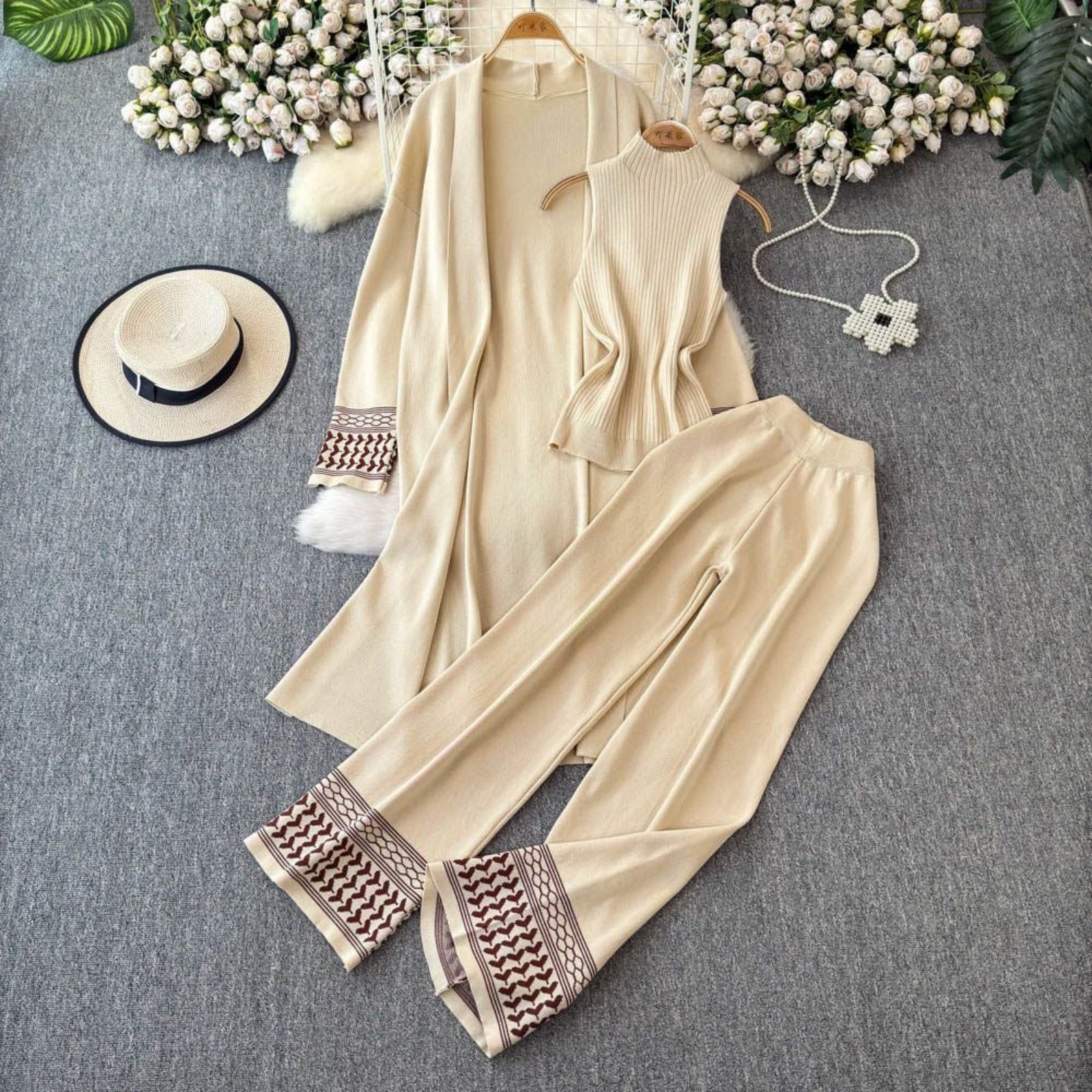 Premium 3-Piece Ribbed Knit Co-ord Set - Sleeveless Top & Duster