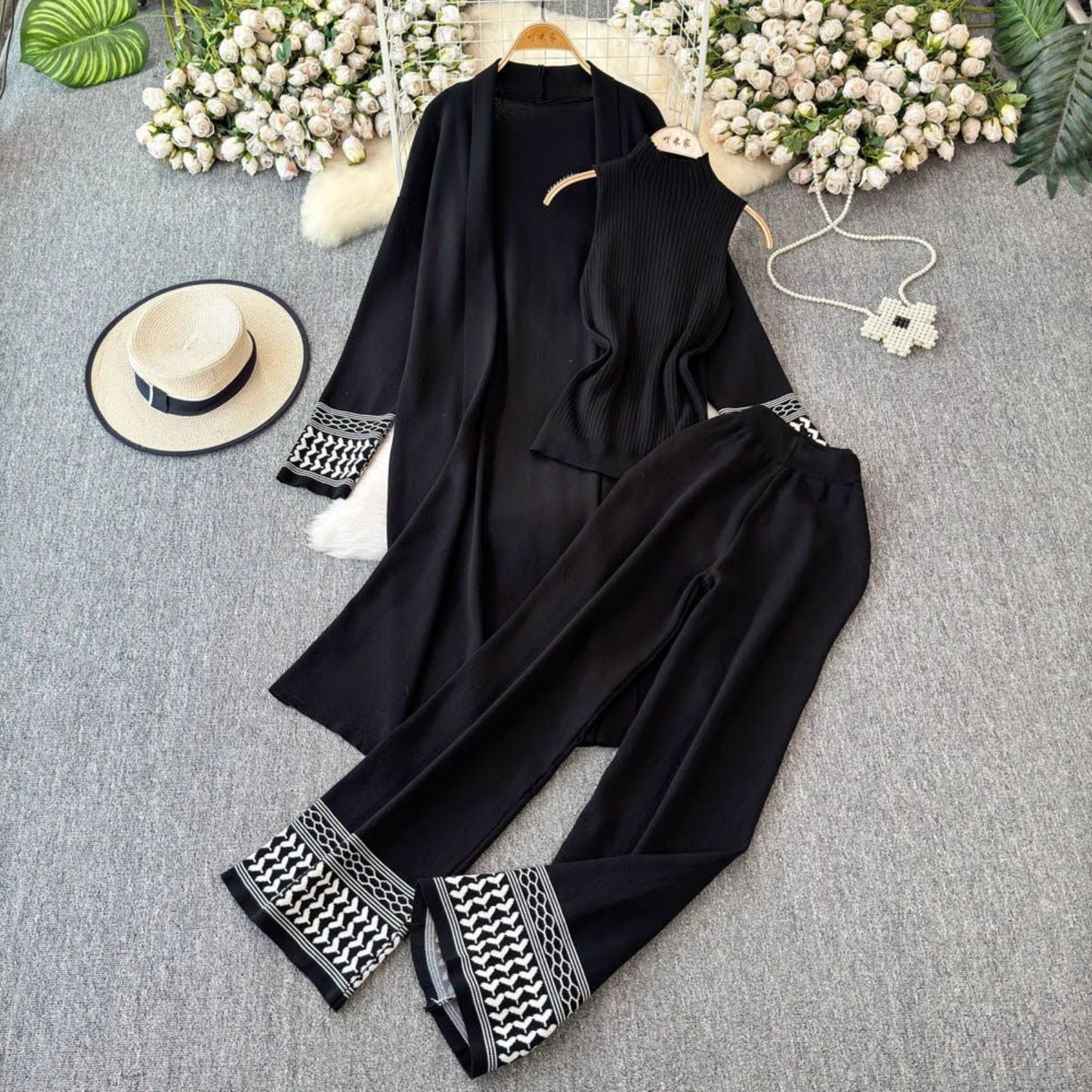 Premium 3-Piece Ribbed Knit Co-ord Set - Sleeveless Top & Duster