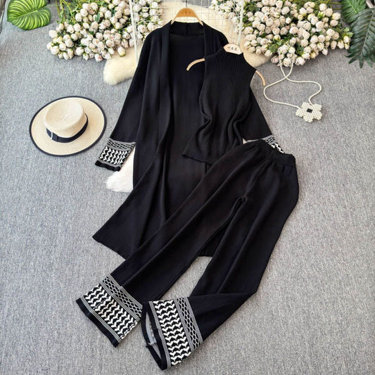 Premium 3-Piece Ribbed Knit Co-ord Set - Sleeveless Top & Duster