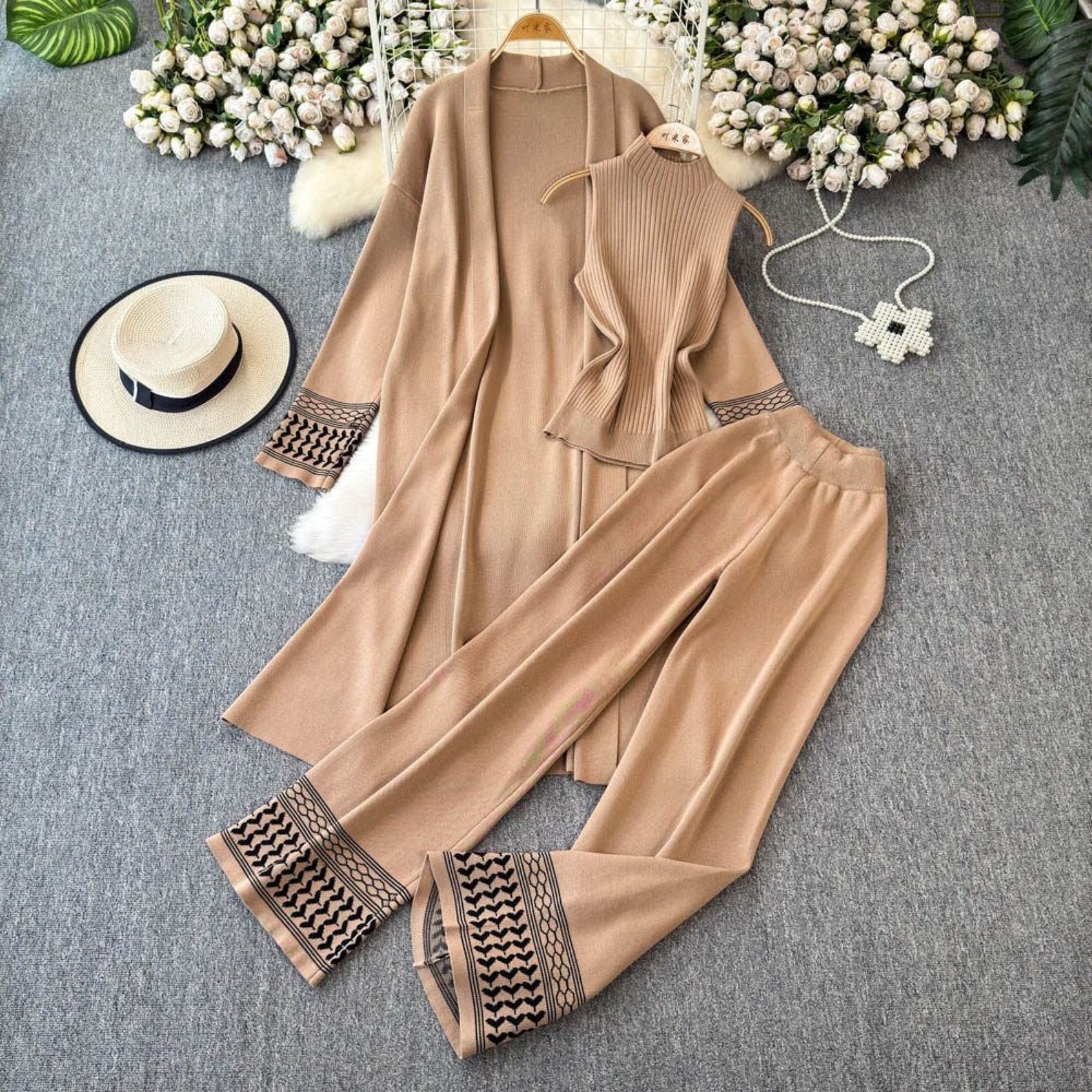 Premium 3-Piece Ribbed Knit Co-ord Set - Sleeveless Top & Duster
