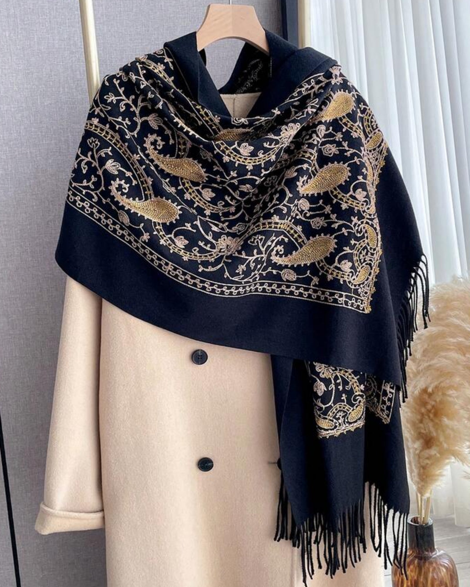 Regal Noir Embroidered Winter Stole