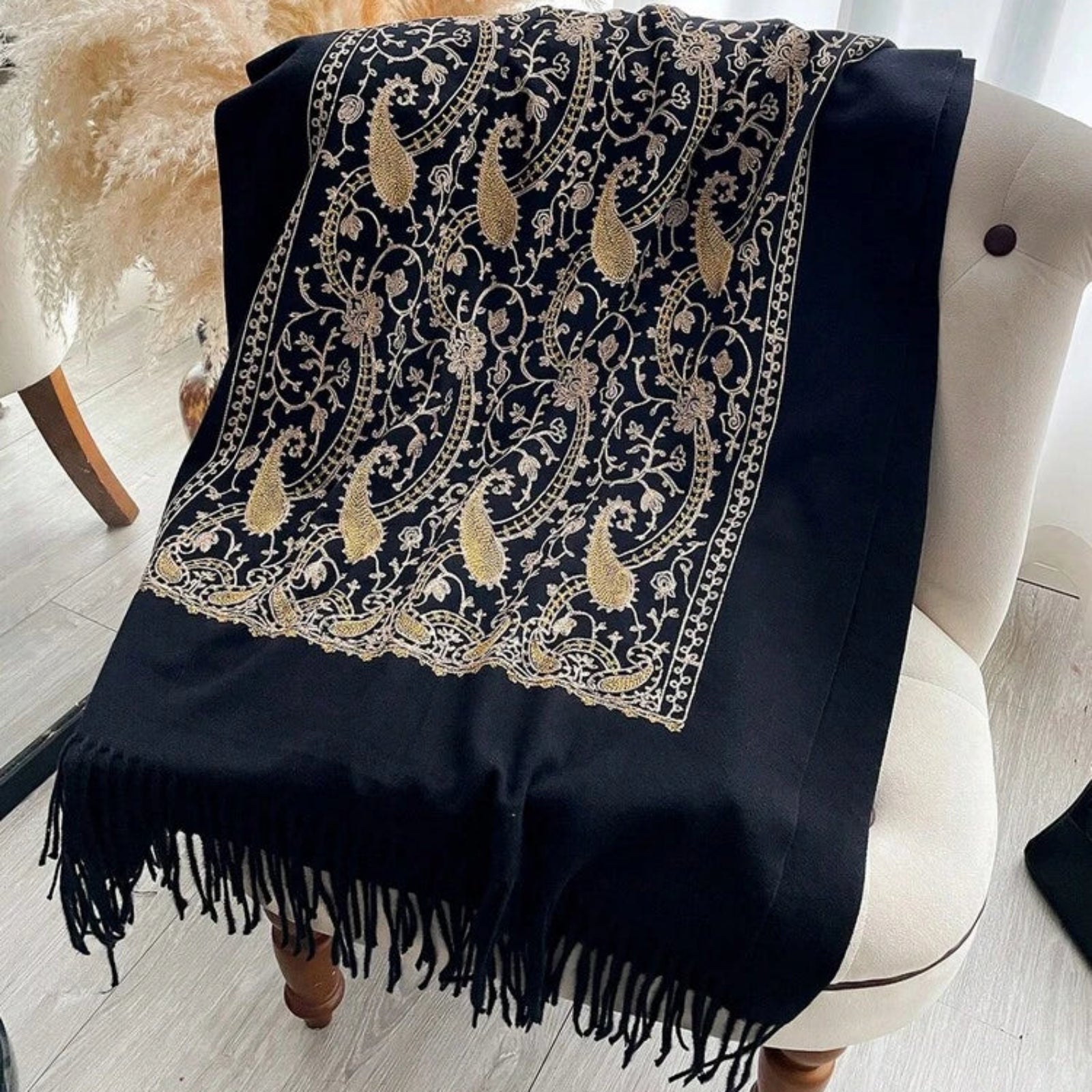 Regal Noir Embroidered Winter Stole