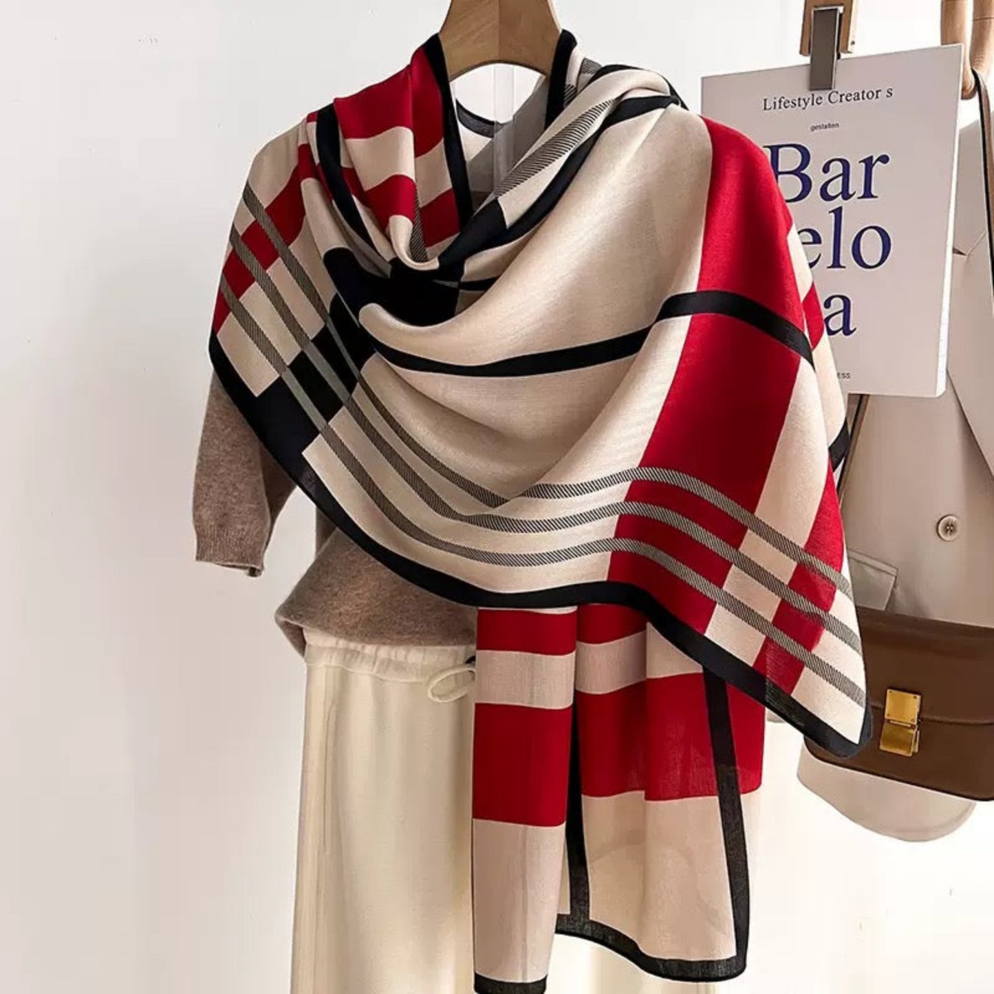 Red beige black striped cotton stole draped on outfit