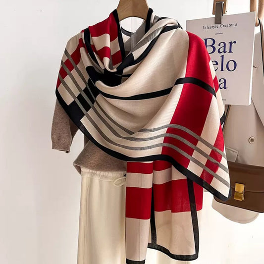 Red beige black striped cotton stole draped on outfit