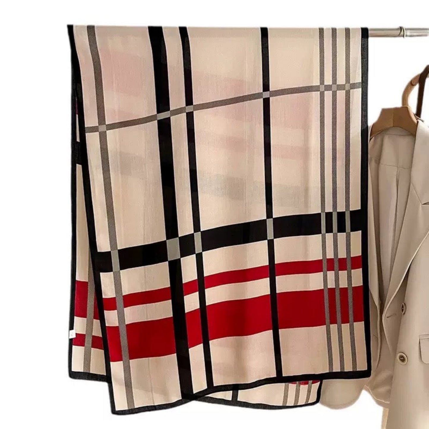 Ruby Grid Striped Cotton Stole – Red, Beige & Black